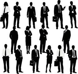Isolated a kinds of deferent men and woman Business people silhouettes vector – group of standing men and woman in black color vector art with white background..
