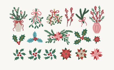 Set of mistletoe, holly leaves, berries, fir branches, poinsettia flower compositions. Hand drawn vector illustration with botanical Christmas decorations. Design for greeting card, invitation, print