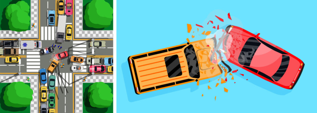 Two car collision at traffic intersection with emergency vehicles and damaged vehicles on road. Auto accident concept.