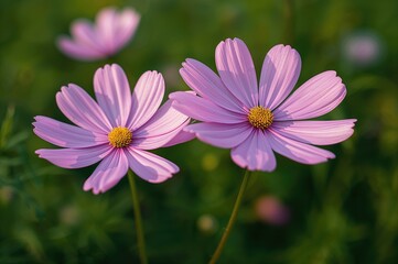 Fototapeta premium Close-up of vibrant pink cosmos blossoms in a garden setting