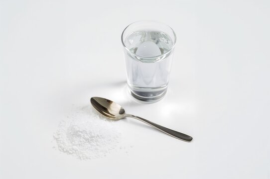 Oral rehydration solution with a spoon and a glass of water on a white surface