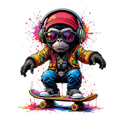 Fun, urban illustration of a gorilla character on a skateboard, wearing headphones, complete with a dynamic watercolor street art finish.