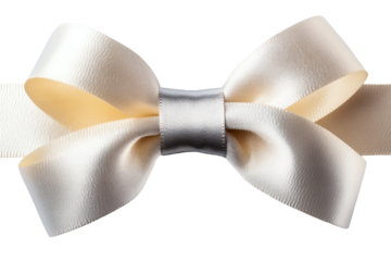 Elegant cream satin ribbon bow with a silver center, isolated on a white background, perfect for gifts, decorations, and crafts.