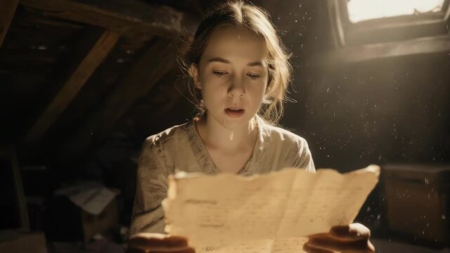 Young woman in attic reads a letter with tear, light through window