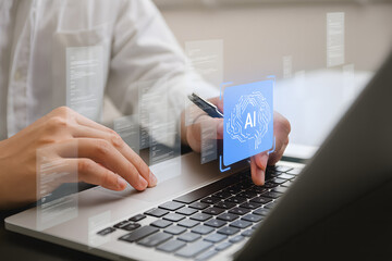 Professional Businessman Utilizing AI Technology for Data Analysis to Enhance Business Strategy and Drive Innovation in a Tech Driven Workspace