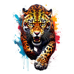 A ferocious, full-frontal illustration of an aggressive jaguar or leopard mid-pounce, surrounded by colorful paint splatters.
