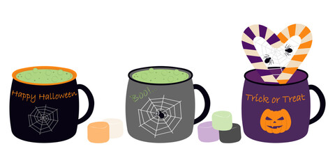 Halloween Cups with Lettering Spider and web decor Marshmallow Striped Candy Cane and Potion inside