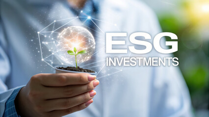 Professional hand holds plant for esg investment and sustainable business growth. digital globe overlay represents hopeful future for responsible corporate finance