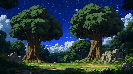Two massive trees stand sentinel in a tranquil, pixelated forest at night, their emerald canopies contrasting with the deep blue sky dotted with stars.