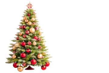 Festive Christmas tree adorned with colorful ornaments and a star on top, isolated on a white background, perfect for holiday-themed designs.