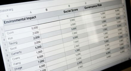 Obraz premium ESG spreadsheet for sustainable investment strategy and business growth. Analyzing data for environmental impact social score and governance risk for focused financial report
