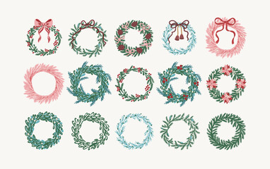 Set of Christmas wreaths made of pine, fir, spruce, and berry branches with bows, flowers. Vector clipart in hand drawn style. Winter holidays celebration. Design for greeting card, invitation, poster