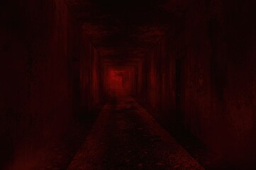 Obraz premium Terrifying hallway illuminated by red lights with a horror theme
