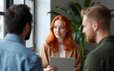 Obraz premium Ginger woman telling ideas for the new marketing strategy. Her two male diverse colleagues are listening carefully. High quality