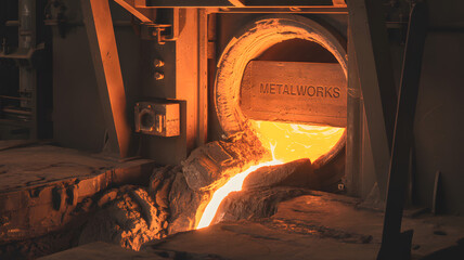 Molten metal glowing with intense heat pours from a furnace into a mold in a dimly lit industrial foundry setting
