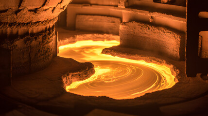 Molten metal flowing in a fiery industrial furnace with glowing orange and yellow hues creating a dynamic swirling pattern