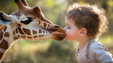 Affectionate Child Kissing Giraffe Head in Sunny Outdoor Setting