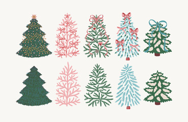 Set of stylized Christmas trees with decorations, bows, and snow elements. Vector illustration in hand-drawn cartoon style. Winter holidays celebration. Designs for greeting card, invitation, postcard
