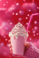 romantic pink milkshake.
A glass of pink milkshake with fluffy whipped cream and red sprinkles, decorated with a pink straw on a bright background with blurred hearts.