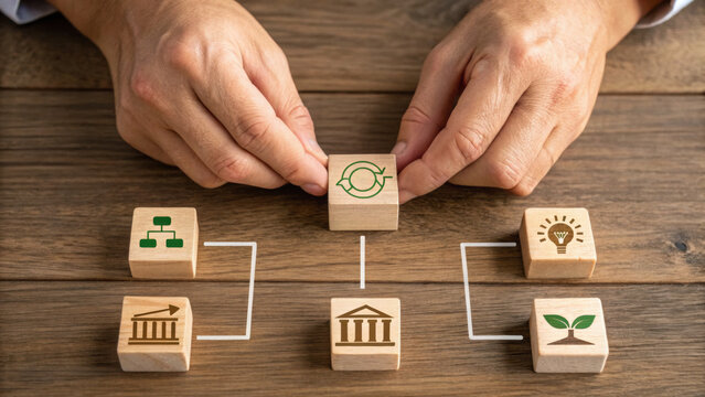 Hands arranging wooden blocks for ethical esg investment. sustainable business model showing corporate governance for responsible and long term economic growth on table