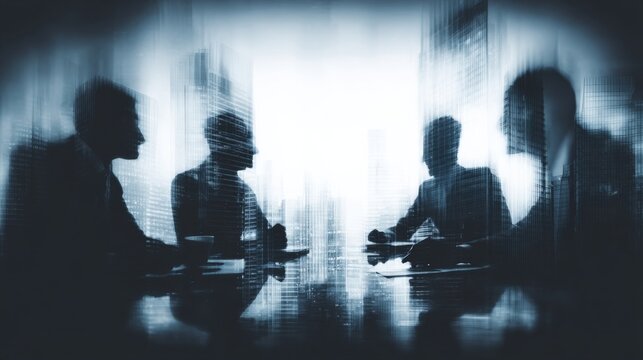 Four professionals engaged in a serious discussion around a table in a dark, shadowy business setting,