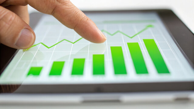 Focused person using tablet analyzing positive esg investment data. green bar chart and upward line graph indicate successful business growth and profit strategy