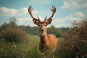 Fototapeta premium Female red deer roaming through grassy bushes in spring nature
