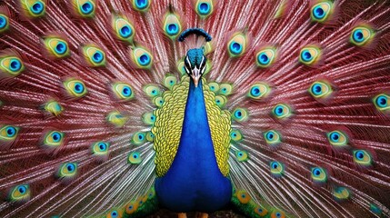 Obraz premium A peacock displays its iridescent feathers in a frontal, full-frame view