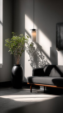 Minimalist living room with a potted plant, bathed in soft light and shadow.