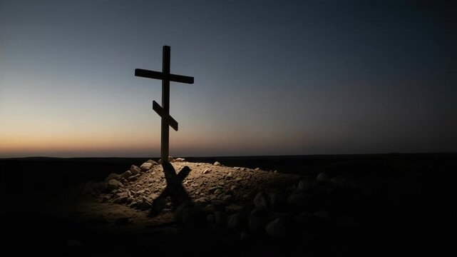 Wooden cross against sky during sunset evoking themes of faith. Orthodox cross marks sacred ground with serene dusk sky above, suggesting hope.