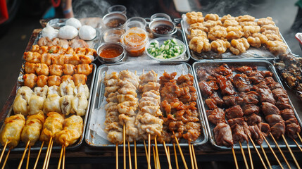 A variety of Asian street cuisine dishes on skewers with grilled meat, fried dumplings, savory sauces and fresh vegetables are served on metal trays in accordance with the concept of street vendors.