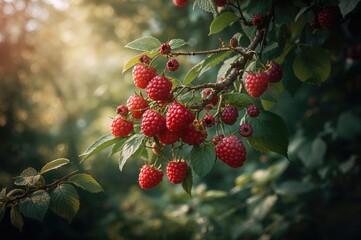 Obraz premium Wild raspberry red berries growing on a shrub. Tasty and nutritious wild fruit.