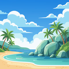 Idyllic Tropical Beach Paradise with Swaying Palm Trees, Golden Sands, and Azure Waters Under a Clear Blue Sky, Inviting Serenity and Relaxation