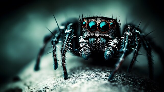 Intricate portrait of a jumping spider with piercing blue eyes on stone, Close up