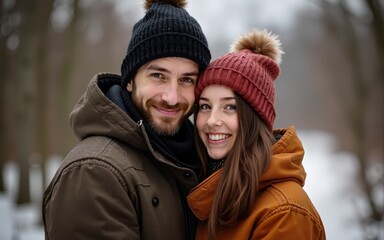 Fototapeta premium a couple of man and a women cuddling together wearing warm clothes. High quality