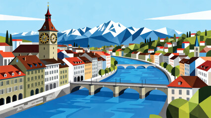 Fototapeta premium Illustration Of Bern's Old Town With The Zytglogge Clock Tower And The Blue Aare River Against The Backdrop Of The Alps Vector Design Template