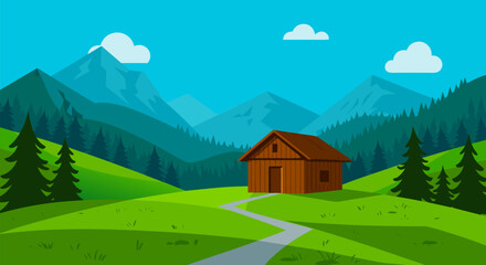 Charming cartoon landscape with a rustic wooden cabin, winding path, lush green hills, and majestic mountains under a clear blue sky, evoking peaceful serenity