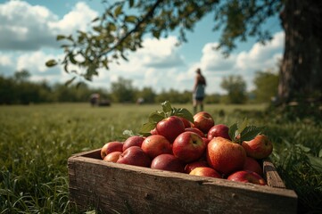 Wooden crate filled with ripe red apples on green grass during harvest