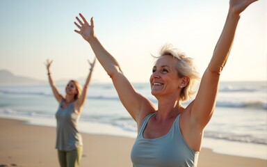 Senior women stretching arms on beach. High quality