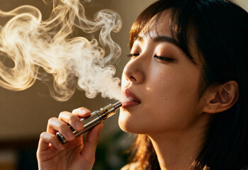 Obraz premium young woman enjoying vaping indoors, exhaling thick vapor cloud in natural light highlighting calm and relaxed atmosphere