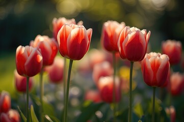 Obraz premium Blooming red and white Greigii tulips in a garden setting