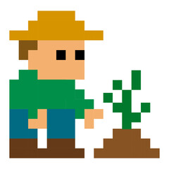 Pixel farmer planting seedling