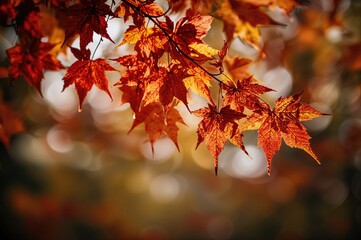 Fototapeta premium Vibrant orange and red leaves set against a soft-focus natural backdrop. Seasonal autumn scenery.