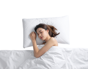 A serene woman peacefully sleeping on a white pillow, wrapped in a blanket, with a dark background enhancing the calm atmosphere.