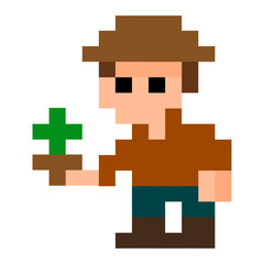 Pixel Art Boy Holding Plant