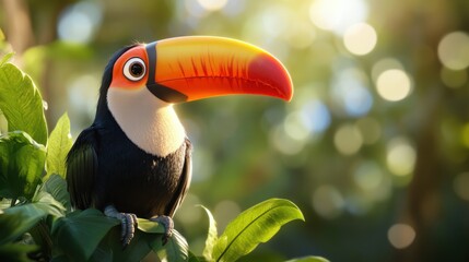Cartoon toucan perched on green leaves, bright sunlight