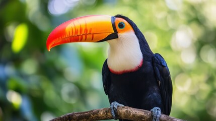 Toucan perched, vivid orange beak, green bokeh background