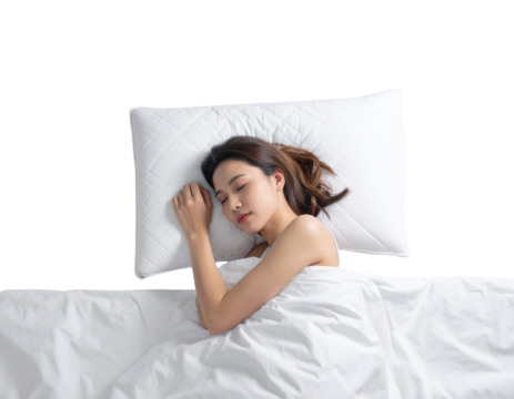 A serene woman peacefully sleeping on a white pillow, wrapped in a blanket, with a dark background enhancing the calm atmosphere.