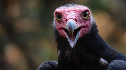 Vulture stares head-on, open beak, textured red skin