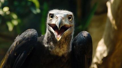 Vulture headshot, mouth open, gray feathers, wild